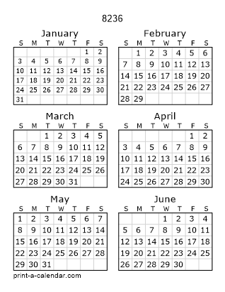 8236 Two Page Yearly Calendar | Six months per page