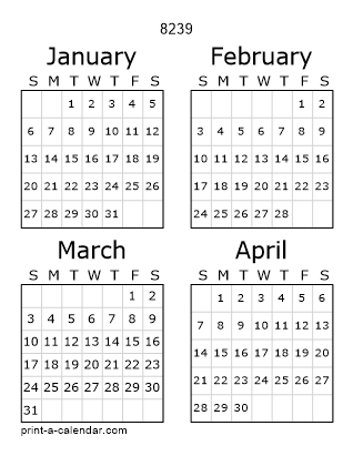 8239 Three Page Yearly Calendar | Four months per page