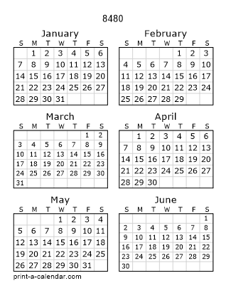 8480 Two Page Yearly Calendar | Six months per page