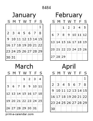 8484 Three Page Yearly Calendar | Four months per page