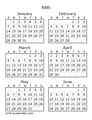 8485 Two Page Yearly Calendar | Six months per page