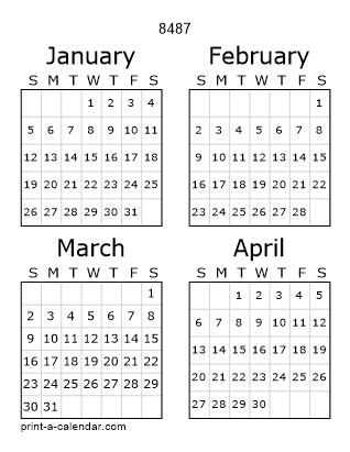 8487 Three Page Yearly Calendar | Four months per page
