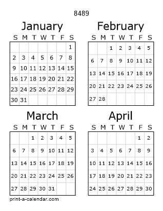 8489 Three Page Yearly Calendar | Four months per page