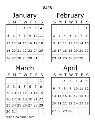 8498 Three Page Yearly Calendar | Four months per page