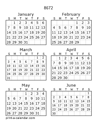 8672 Two Page Yearly Calendar | Six months per page