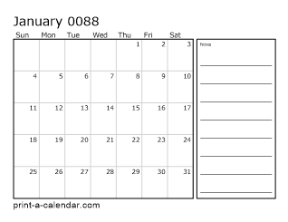 88 Monthly Calendar with Notes