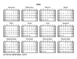 8888 Yearly Calendar (Style 1)