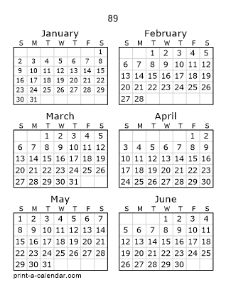 89 Two Page Yearly Calendar | Six months per page