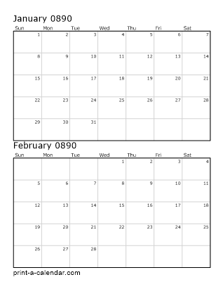 890 two months per page vertical stacked printable calendar