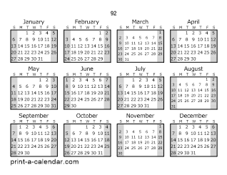 92 Yearly Calendar (Style 1)