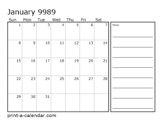 9989 Monthly Calendar with Notes